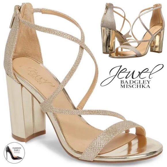 Badgley Mischka Shoes - BADGLEY MISCHKA Gale Glitter Gold Strap Sandals Block Heel Pumps Dress Shoes 6.5